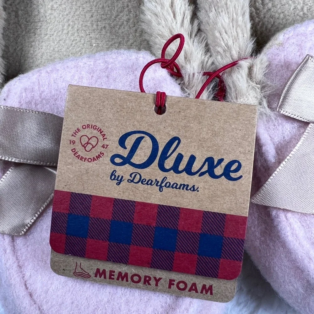DLUXE by Dearfoams Pink‎ Memory Foam Slippers Bow Plush Fur Lined Girls NWT